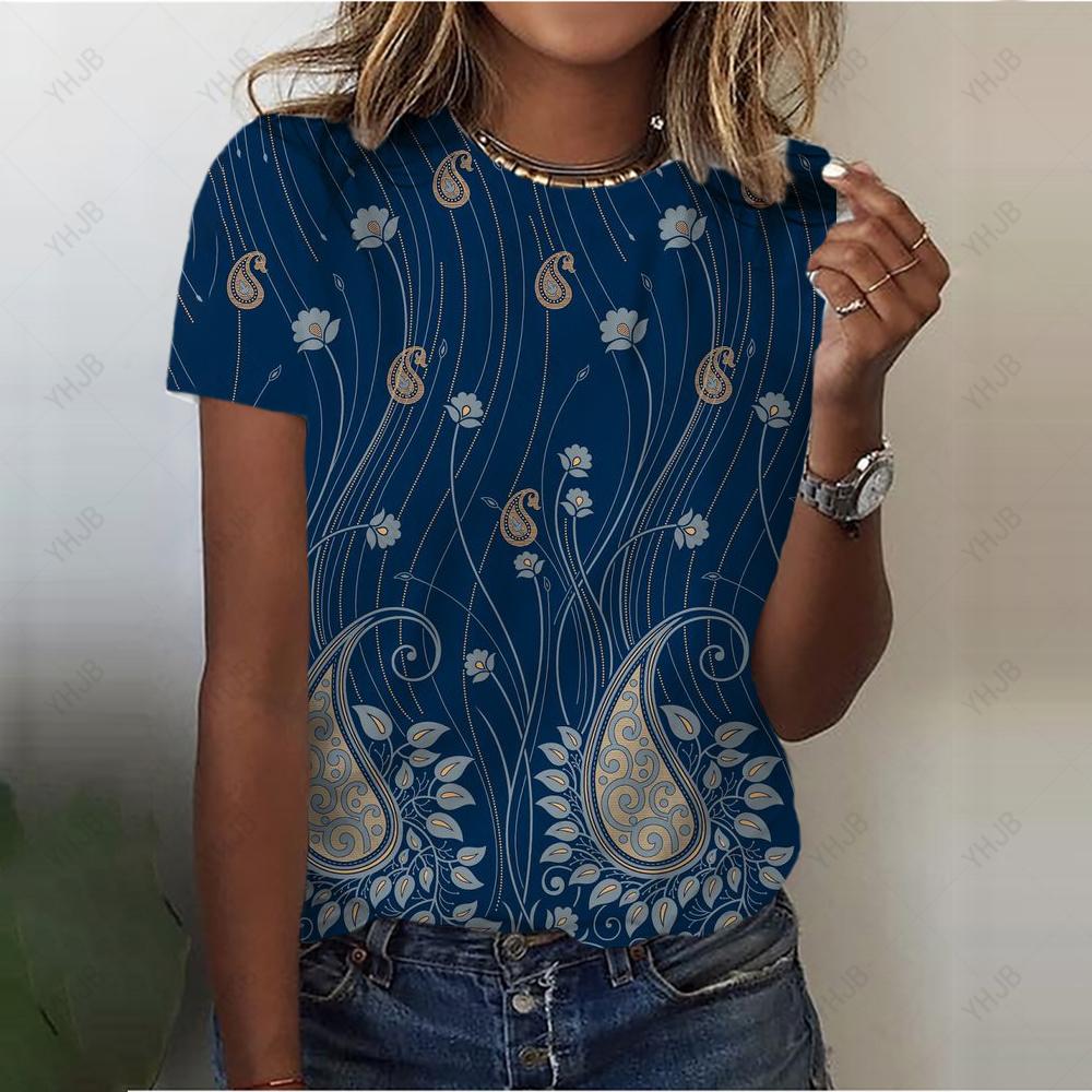 Letni Top z Okrągłym Dekoltem z Nadrukiem 3D w Stylu Vintage Modne Casualowe Damskie T-shirty z Krótkim Rękawem