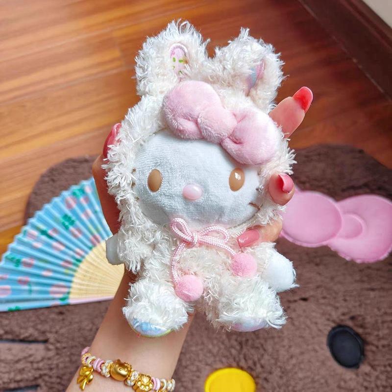 Kawaii Hello Kitty Plush Toy Keychain Sanrio Rabbit Ears Kt Cat Soft Stuffed Doll Pendant Car Key Ring Backpack Bag Decor