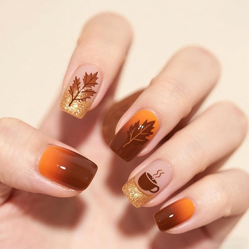 Fall Press on Nails Long Ballerina Coffin Nails Thanksgiving Maple Leaf Acrylic Glue on Nail Glossy Autumn Gold Maple Leaves Fake Nail for Women DIY