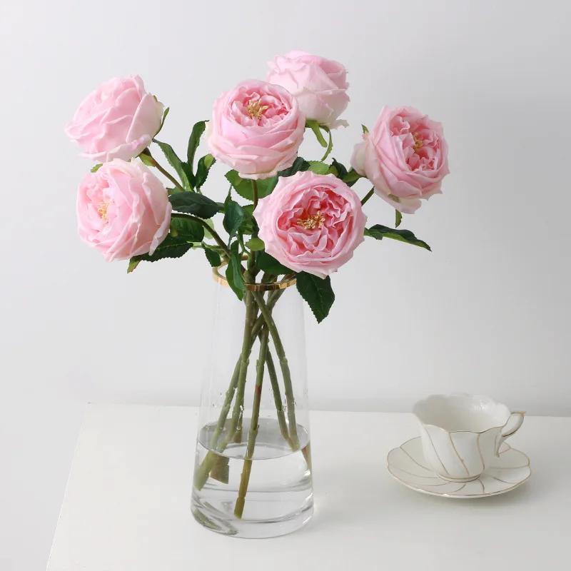 1pcs/lot True Touch Artificial Tea Rose Branch Wedding Floral Simulation Flowers Latex Austin Roses Fake Flower Hotel Decoration
