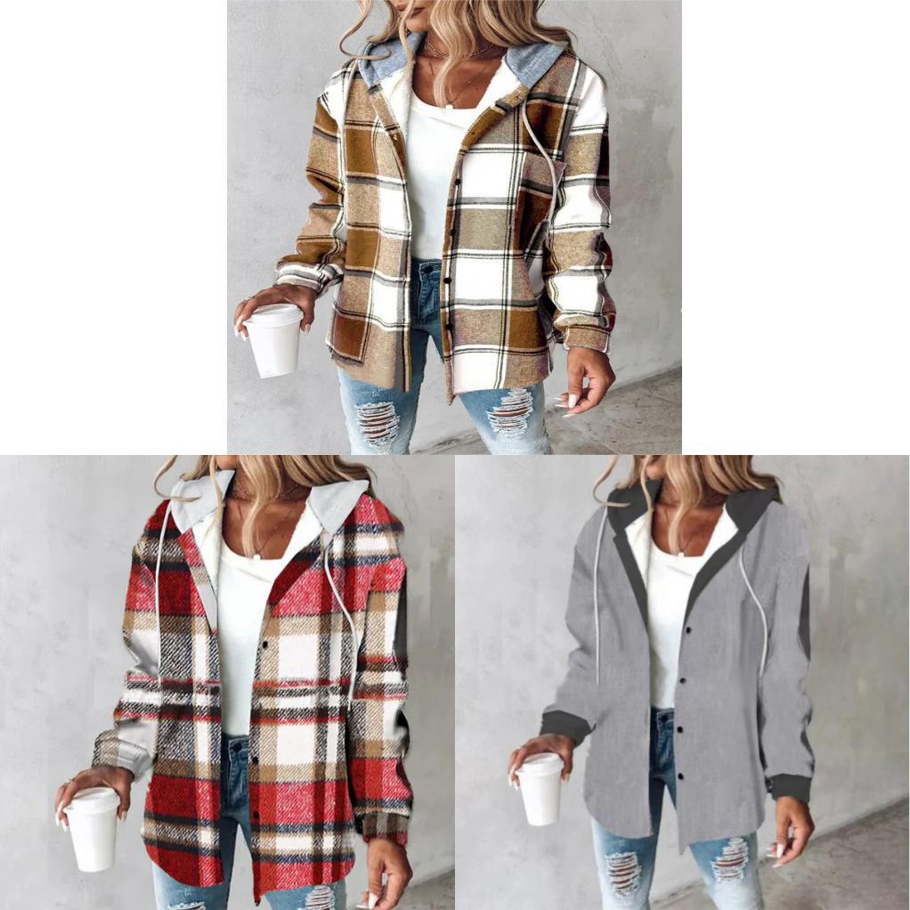 Womens Plaid Check Pattern Blend Coat With Hood For Casual Office Wear Spring