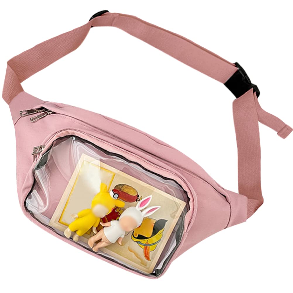 [YUYAKESHI] Ita-bag Waist Pouch with Clear Window, Adjustable Length, Shoulder Bag with Buckle, Display Pouch for Badges, Perfect for Outings (Pink)