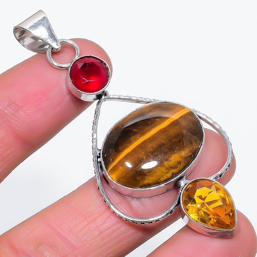 

Tiger Eye, Citrine Handmade 925 Sterling Silver Jewelry Pendant 2.76 W6f38