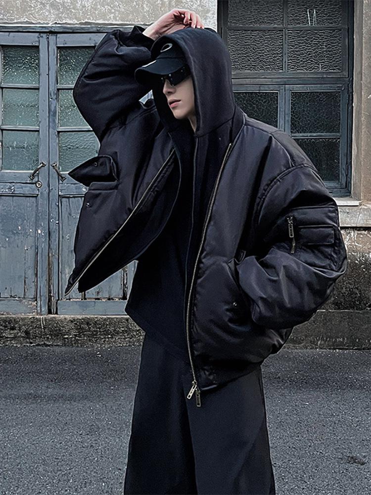 Men's American Faux Two-Piece Quilted Winter Bomber Jacket with Hood