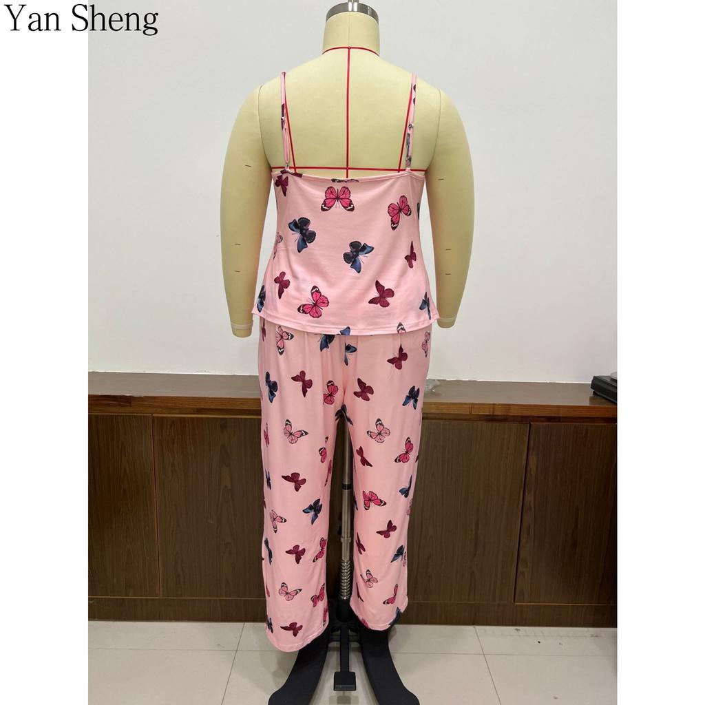 Plus Size Women Butterfly Print Pajama Set, Sleeveless Cami Tank Top & Elastic Long Pants 2 Piece Summer Soft Loungewear Sweet Sleepwear Nightwear