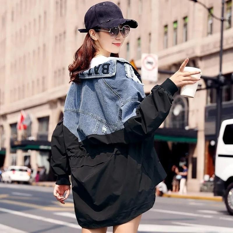 Spring Fashion Waist Slimming Stitching Denim Jacket Women's Mid-length Windbreaker