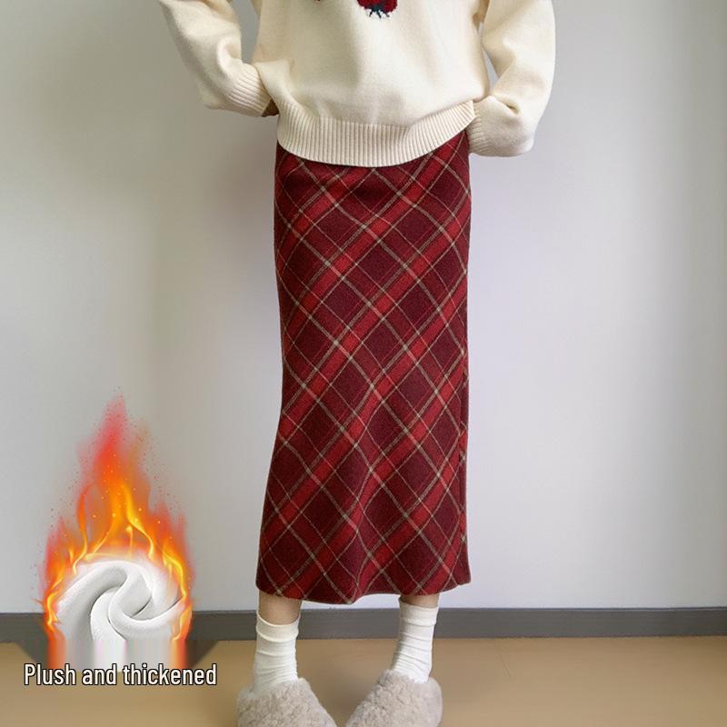 Roter Retro-Woll-Karo-Rock mit Schlitz - Herbst/Winter Beflockter, formender Hüftwickelrock