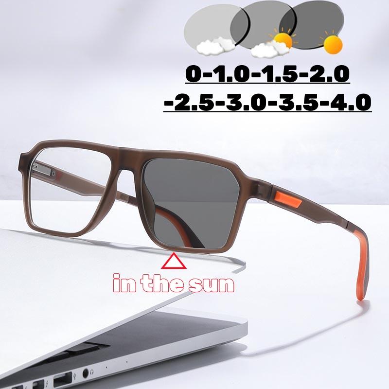 Luxury Square Pochromic Myopia Glasses Men Women Anti Blue Light Color Changing Sunglasses Ultralight Minus Sight Glasses