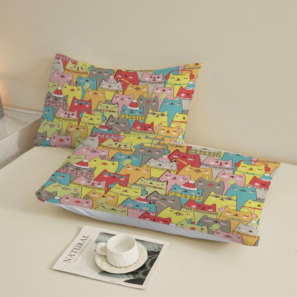 3pcs Fitted Sheet Set Colorful Cats Wearing Hats And Scarves Wrinkle Resistant Bed Sheet With Pillowcases For Bedroom Decor