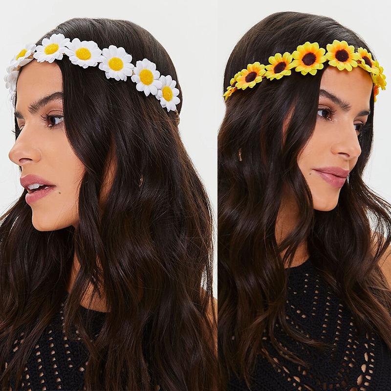 1pc New Straw Hat Rope Long Style Pointed Sunflower Wreath Small Chrysanthemum Headband Woven Small Daisy Headband