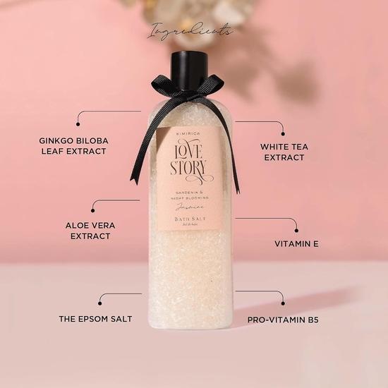 Kimirica Love Story Badesalz für Körper-Spa, Entspannung und Schmerzlinderung, 100 % vegan, Güte von weißem Tee, Ginko Biloba und Aloe Vera, 290 Gramm
