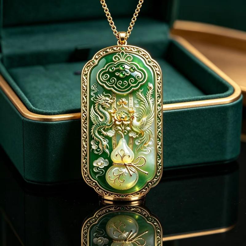 Chinese Lucky Dragon Phoenix Enamel Gourd Pendant Necklace Totem Ethnic Jewelry Minimalist Unisex Fashion