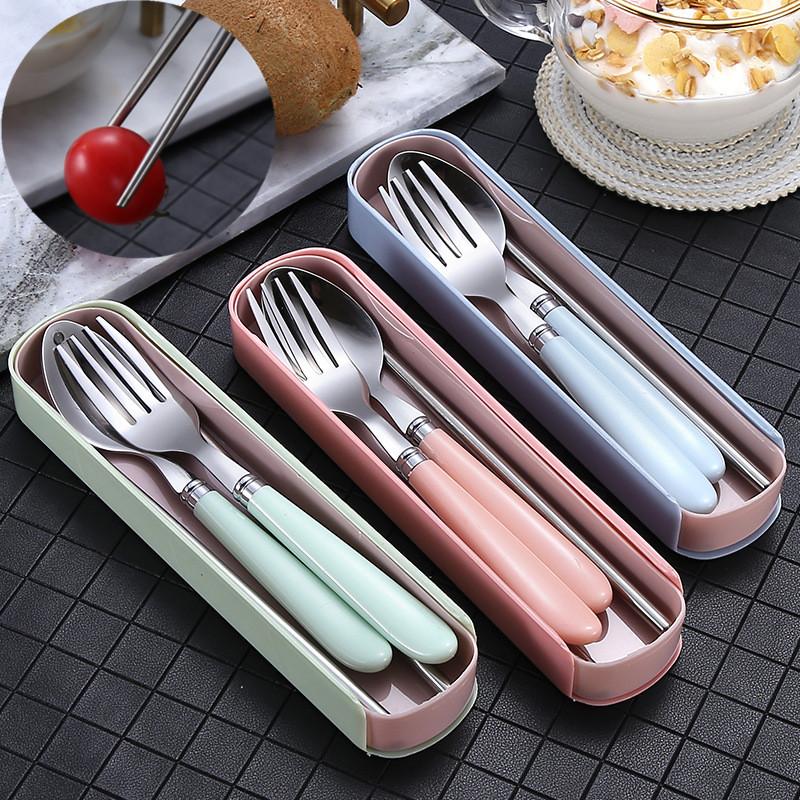 

410 нержавеющая сталь Три части Посуда Портативная вилка Ложка Палочки для еды Студент Открытый набор