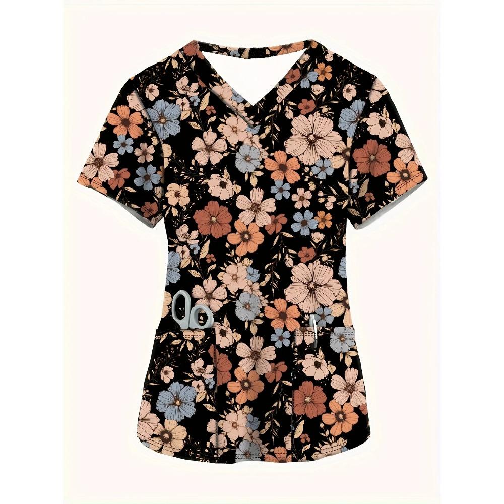 Surgical Uniforms Woman Women's Cute Cartoon Dog Print V-Neck Short Sleeve Top - Breathable Summer Shirt with Pockets