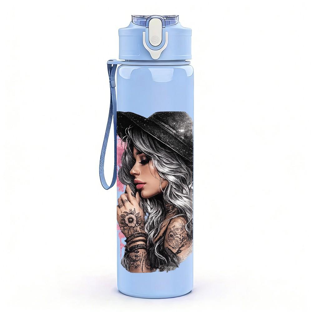 1PC Two Woman Dark Portrait Print 750ml Color Plastic Sports Water Bottle Leakproof Flip Straw Lid Suitable for Sports Office Home Use