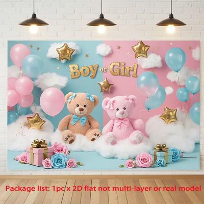 2D Blue Pink Teddy Bear Baby Shower Backdrop, Gender Reveal Photo Background