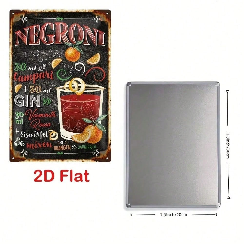 Metal Wall Art, Negroni Recipe Print, Orange Citrus Retro, Bar Pub Decor
