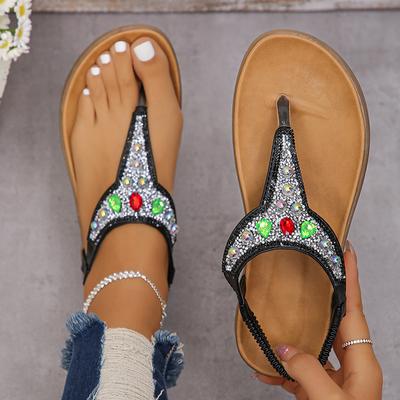Lucyever Sandales d'été à clip d'orteil en cristal pour femmes, décontractées, à enfiler, à talons plats, style bohème, sandales pour femmes, antidérapantes, à plateforme, chaussures de plage