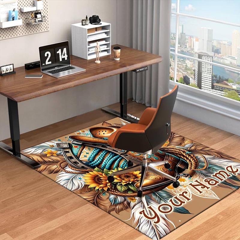 1PC Custom Name Western Cowboy Boots Feathers Theme Floor Mat Ideal for Living Room, Game Rooms, Office, Bedroom Floor Mat Design