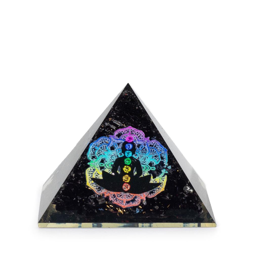 Small Orgonite Pyramids 5.5x4.5cm – Chakra Buddha – Black Tourmaline Chips