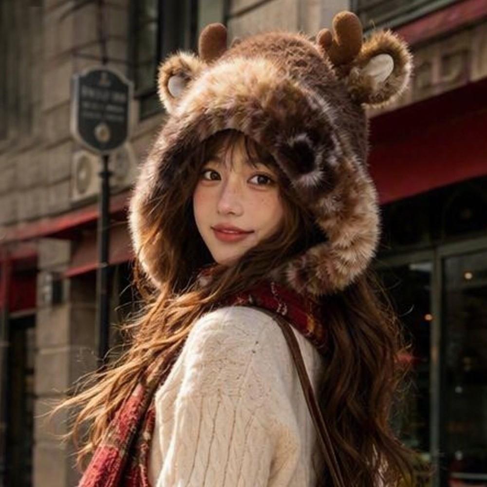 Plush Antler Winter Warm Hat Ear Protection Beanie Hat New Woolen Cap  Women