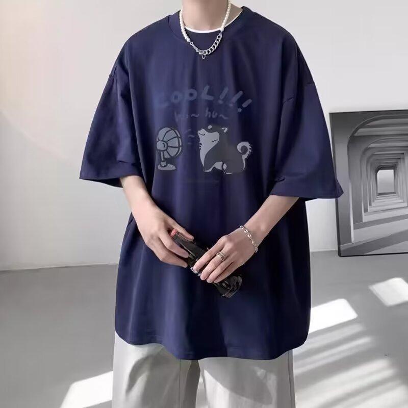 

Мужская модная футболка с круглым вырезом и короткими рукавами с принтом для лета, свободный повседневный топ L темно-синий