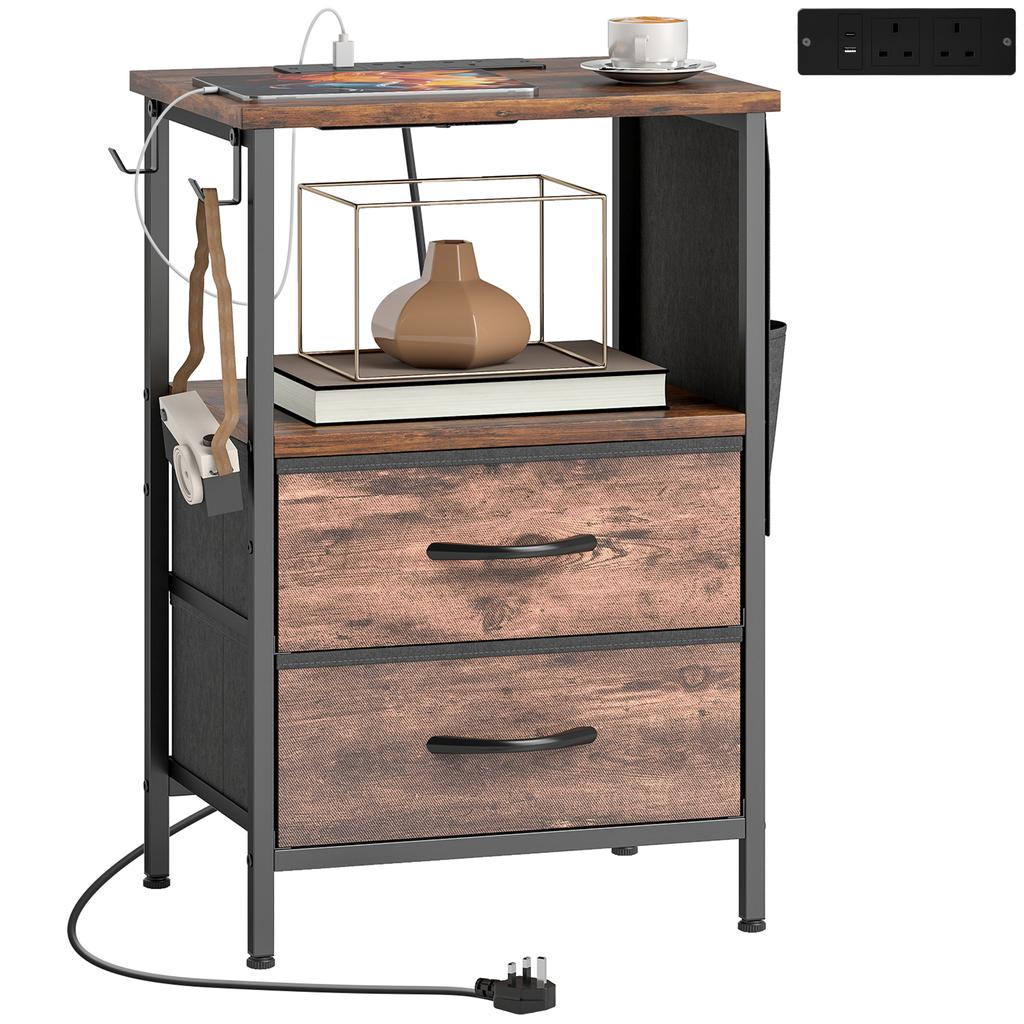 Bedside Table with Charging Station - Rustic Brown