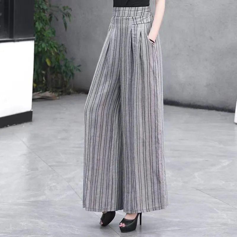 

Весенне-летние льняные брюки в полоску с широкими штанинами для женщин, с высокой талией, свободные, стройнящие, на резинке, из хлопка и льна, повседневные брюки 2XL