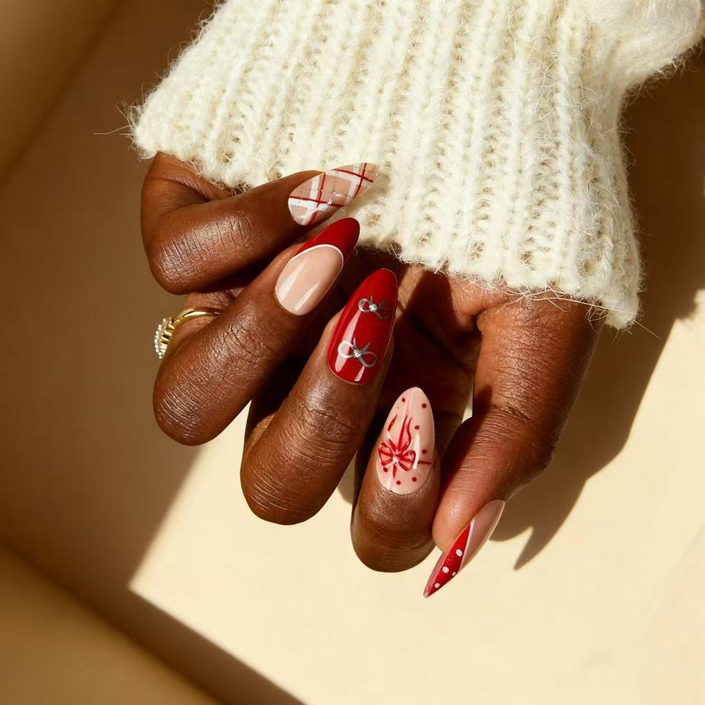 30PCS Almond Shape with Bow Fake Nails Simple White Floral Painted French Design Press On Nails Sweet Gentle Removable Manicure
