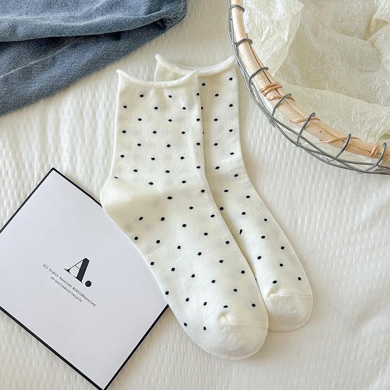 

Хлопковые носки в горошек в корейском стиле для женщин – Дышащие, Мягкие, До середины икры, С подвернутым краем, Свободной посадки – Идеальны для весны и осени One Size кремовый/белый