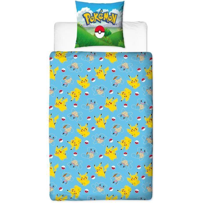 Parure De Lit - POKEMON - Pikachu Et Ses Amis - Bleu - Microfibre - 1 Housse De Couette 140 X 200 Cm + 1 Taie 63 X 63 Cm