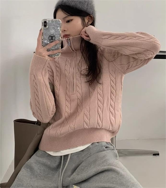 Hanmall Jersey de Invierno Largo de Punto con Logo, Cremallera Alta, Canalé, para Mujer, Estampado, Manga, Top, Cuello, cierre, Informal, Grueso, Tejido, Elegante, Lindo, Suave,