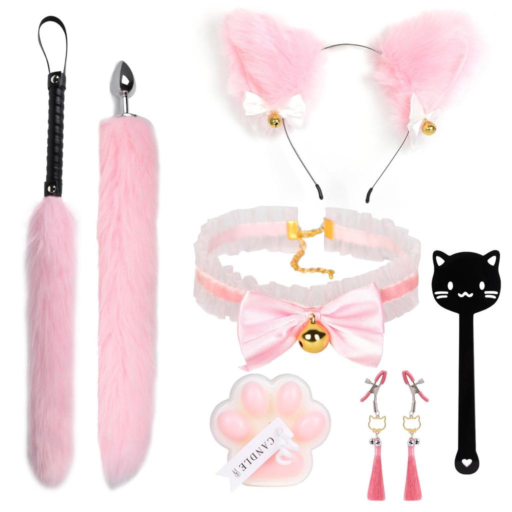 Cat Tail Bell Headband, Anal Plug, Nipple Clamps Flirting Set