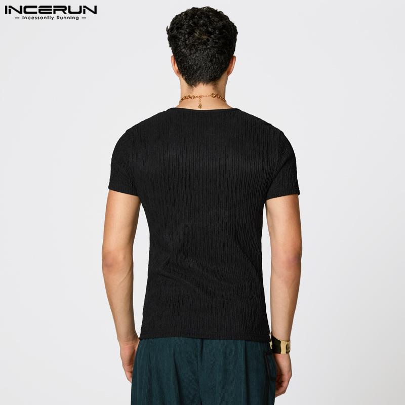 INCERUN Summer Men Square Collar Texture Fitted Casual T-shirts Tops Undershirts