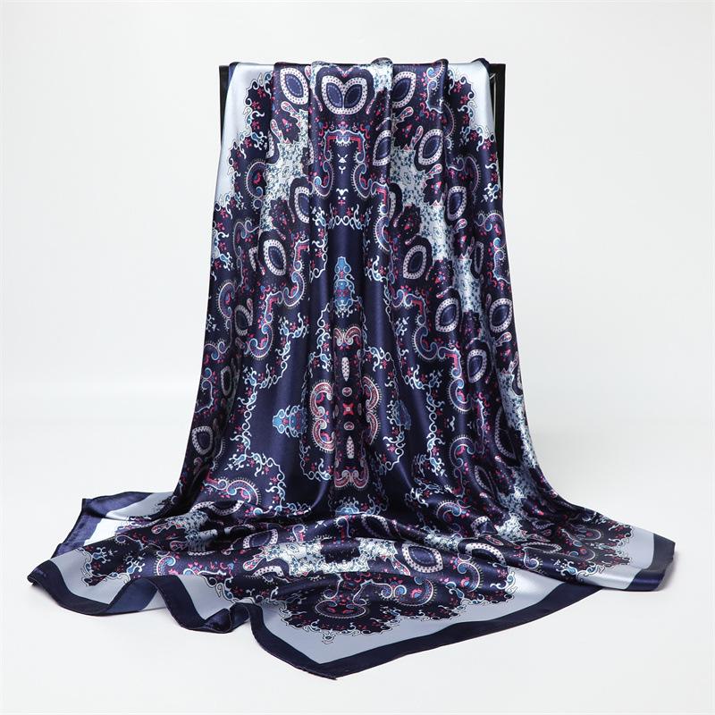 European and American Retro New Satin Printed Silk Scarf Shawl Sunscreen Large Square Scarf 91 Satin Imitation Silk Headscarf Women's Scarf