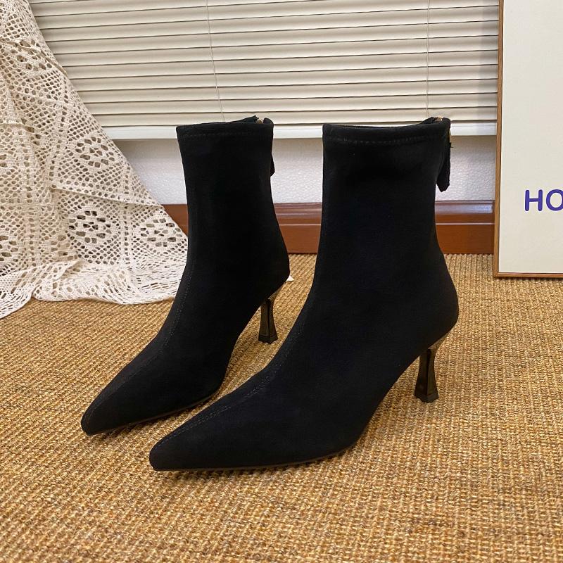 New Pointed Toe Women High Heel Ankle Boots Fashion Stripper Party Shoes Female Vintage Stretch Slim Short Booties