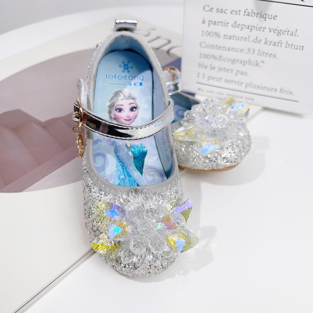 Girls' Princess Shoes Blue Elsa Crystal Shoes New Spring and Autumn Model for Young Children, Flat Single Shoes for Girls, Soft Sole Shoes
