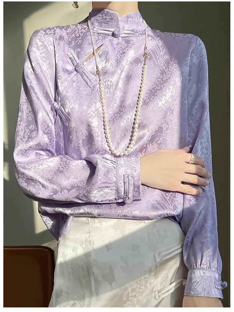2024 Spring/Summer Women's Chinese Style Satin Jacquard Stand Collar Shirt