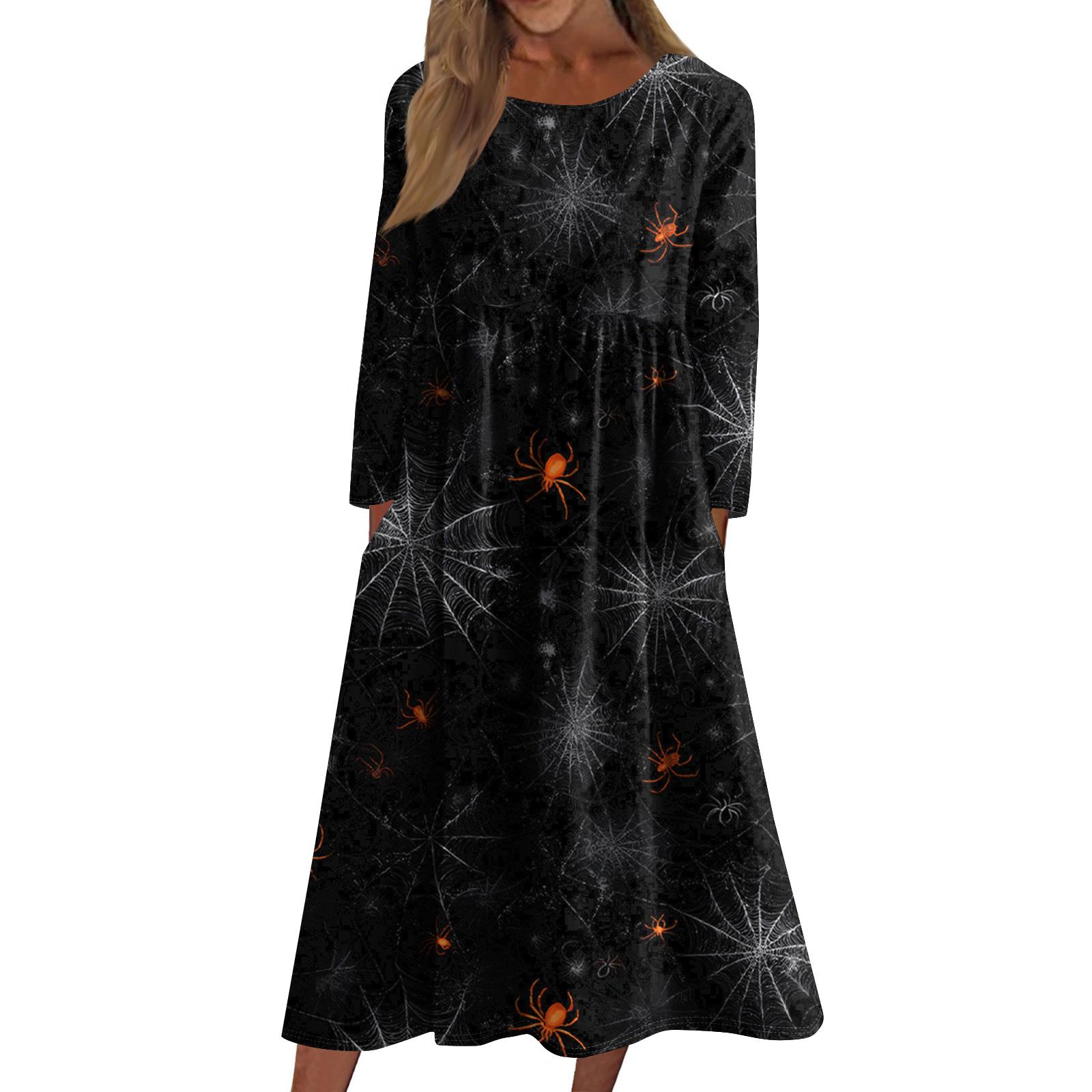 

Women s Casual Crew-neck Halloween Print Mid-length Dress Long-sleeved Dress With Pocket M
