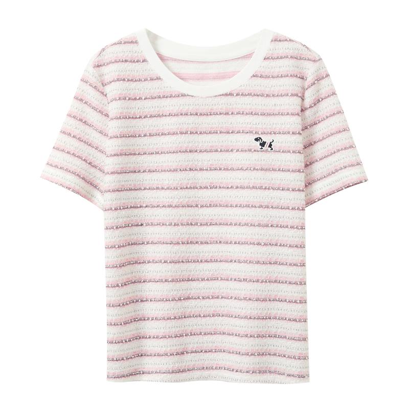 Sancai Women's Textured Striped Embroidered Short Sleeve T-Shirt
