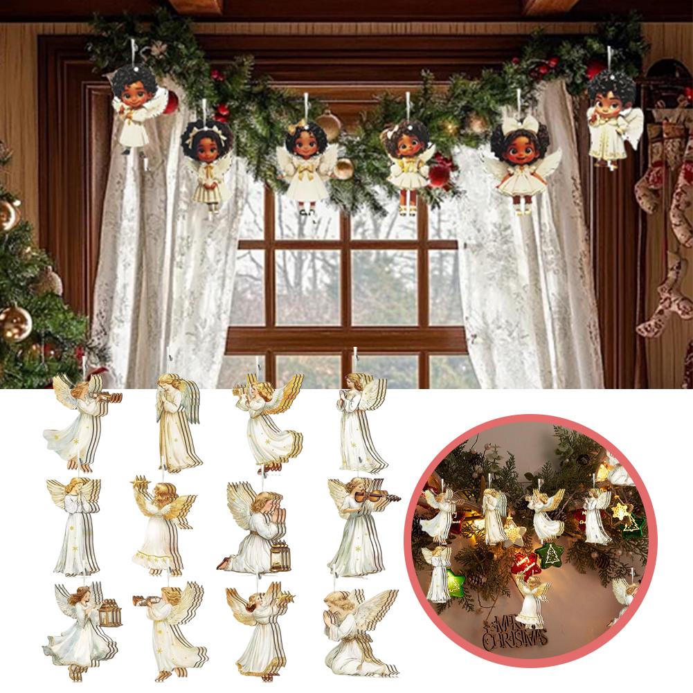 12Pcs Wooden Christmas Ornaments Set Christmas Tree Decoration Angel Ornaments Hanging Decor Pendants Xmas Party Decoration Gift