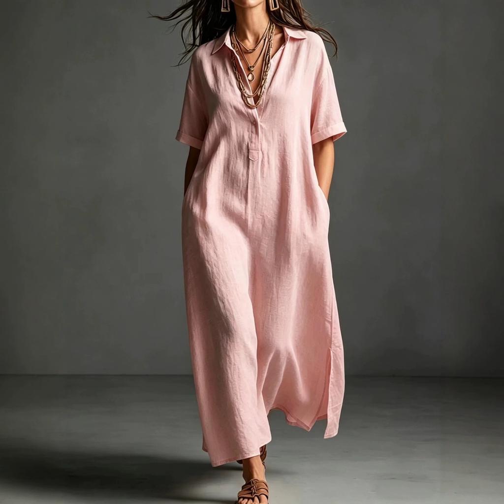 European and American women's clothing spring and summer new cotton and linen simple and elegant solid color short-sleeved lapel dress