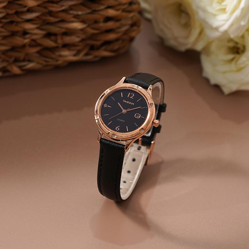 Casio Sheen Slim Dial Swarovski Crystal Accent Date Display Simple Elegant Business Quartz Watch Women Watches Black SHE-4533PGL-1AUPR