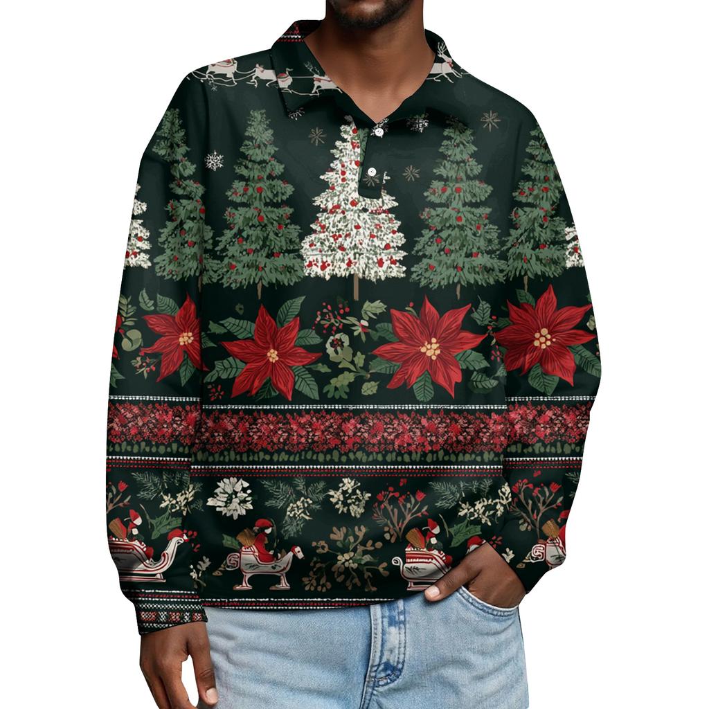 Men's Casual Christmas Print Button Long Sleeve Shirt