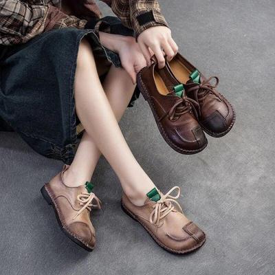 Genuine Leather Soft Sole Women's Shoes Vintage Round Toe Lace-up Versatile Comfortable Flat Shoes