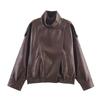 Women's Autumn WinterStreet Stand Collar PU Leather Jacket Loose Long Sleeve Zipper Pockets Female Coats Lady Outerwear