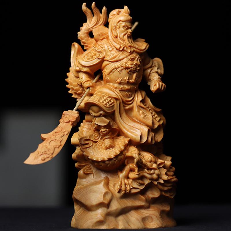 Natural Cypress  Nine Dragons Guan Gong Statue Wealth God Guan Gong  Chinese style home, room, office, and character decorations