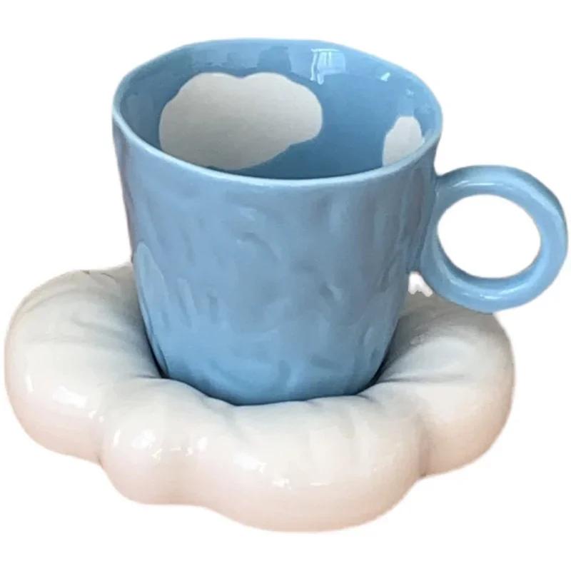Mushrooms Korean Style Niche Ceramic Irregular Blue Sky Clouds Ceramic Cute Coffee Cup Saucer Exquisite Afternoon Tea Coffee Mug