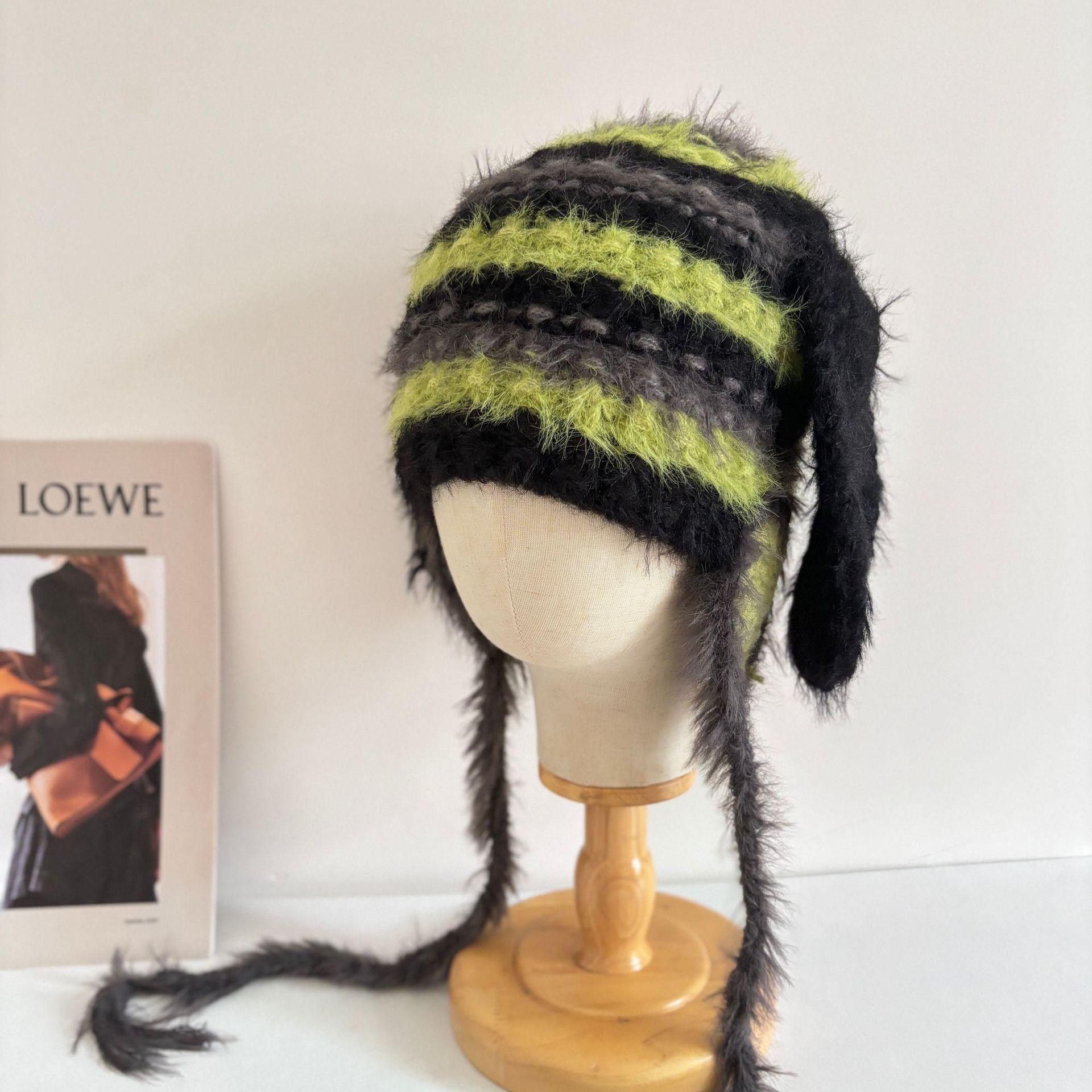 

Autumn and winter thickened warm lace-up ear cap, color matching striped knitted hat, children s cute rabbit ear headhat M（56-58cm）