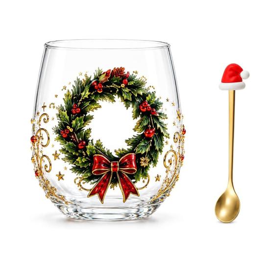 Retro-Stil Feiertagsgeschirr Weihnachts-Glaskunstbecher mit Löffel, Klassischer handbemalter Borosilikat-Design-Becher mit Weihnachtsmann, Rentier, Schneemann, Glasware